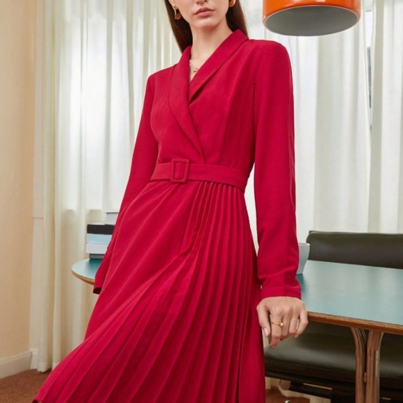 Vintage 70s Midi Dress Secretary Mad Men Elegance Pleated skirt Red Sheer 12 - Picture 1 of 16